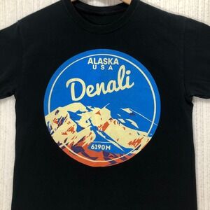 Denali Alaska USA Graphic T-Shirt Mountain‎ Souvenir Tee Black Men's Size Large